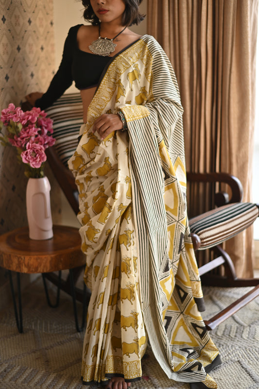 Pichwai Yellow Ajrakh Mulmul Saree