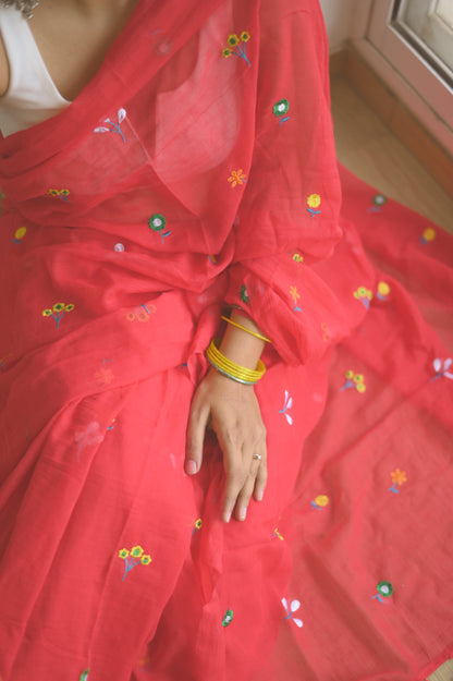 Gardenalia Red Mul Saree - Mayin India 