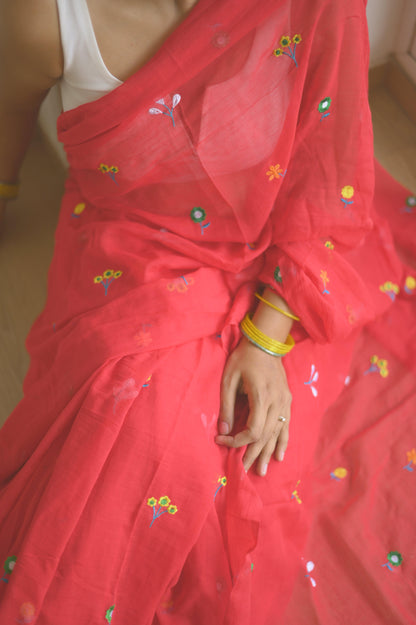 Gardenalia Red Mul Saree - Mayin India 
