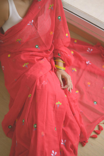 Gardenalia Red Mul Saree - Mayin India 