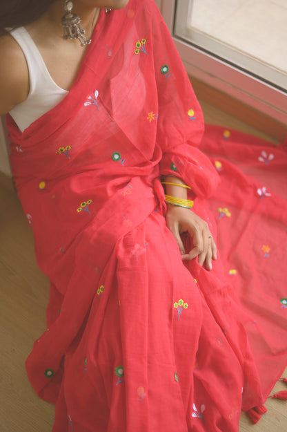 Gardenalia Red Mul Saree - Mayin India 