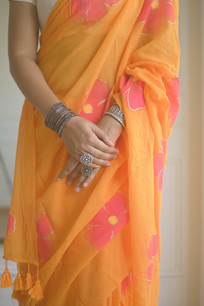 Tangerine Mulmul Saree - Mayin India 