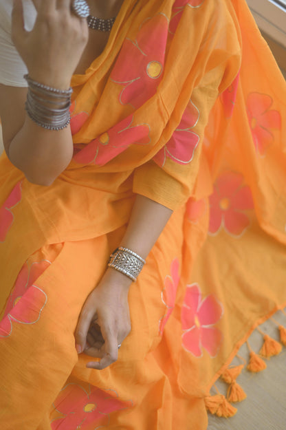 Tangerine Mulmul Saree - Mayin India 