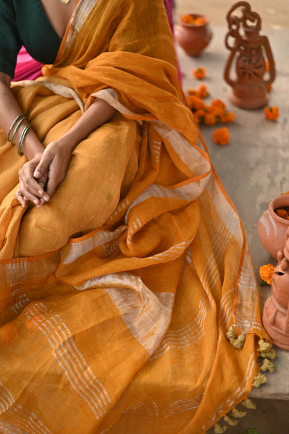 Mustard Handloom Linen Saree