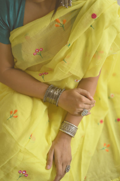 Gardenalia Yellow Mul Saree - Mayin India 