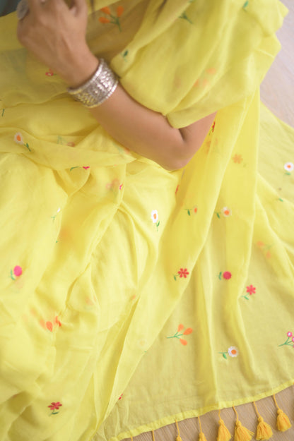 Gardenalia Yellow Mul Saree - Mayin India 