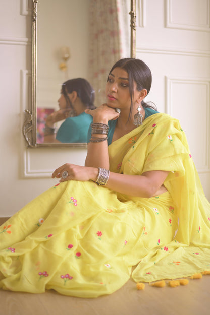 Gardenalia Yellow Mul Saree - Mayin India 