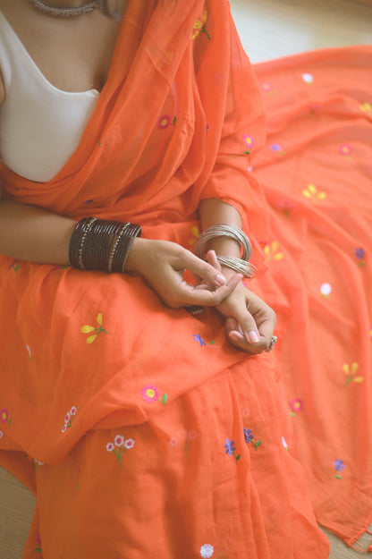Gardenalia Flame Mul Saree - Mayin India 