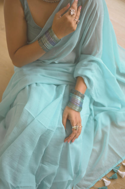 Powder Blue Mul Saree - Mayin India 