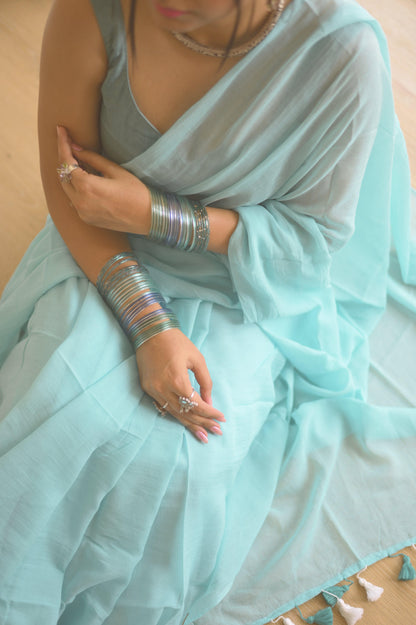 Powder Blue Mul Saree - Mayin India 