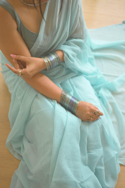 Powder Blue Mul Saree - Mayin India 
