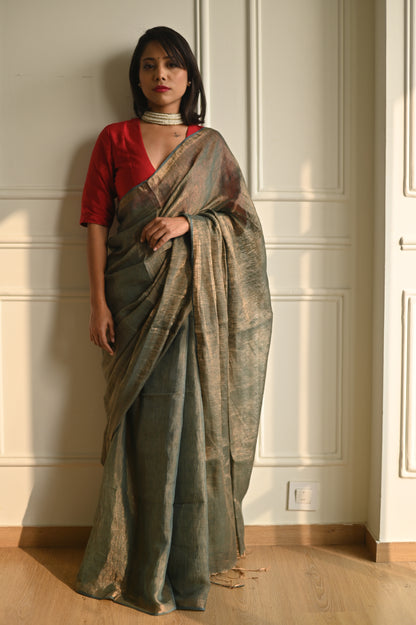 Olive Handloom Linen Tissue Saree