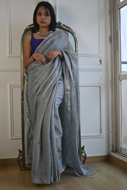 Silver Handloom Linen Tissue Saree