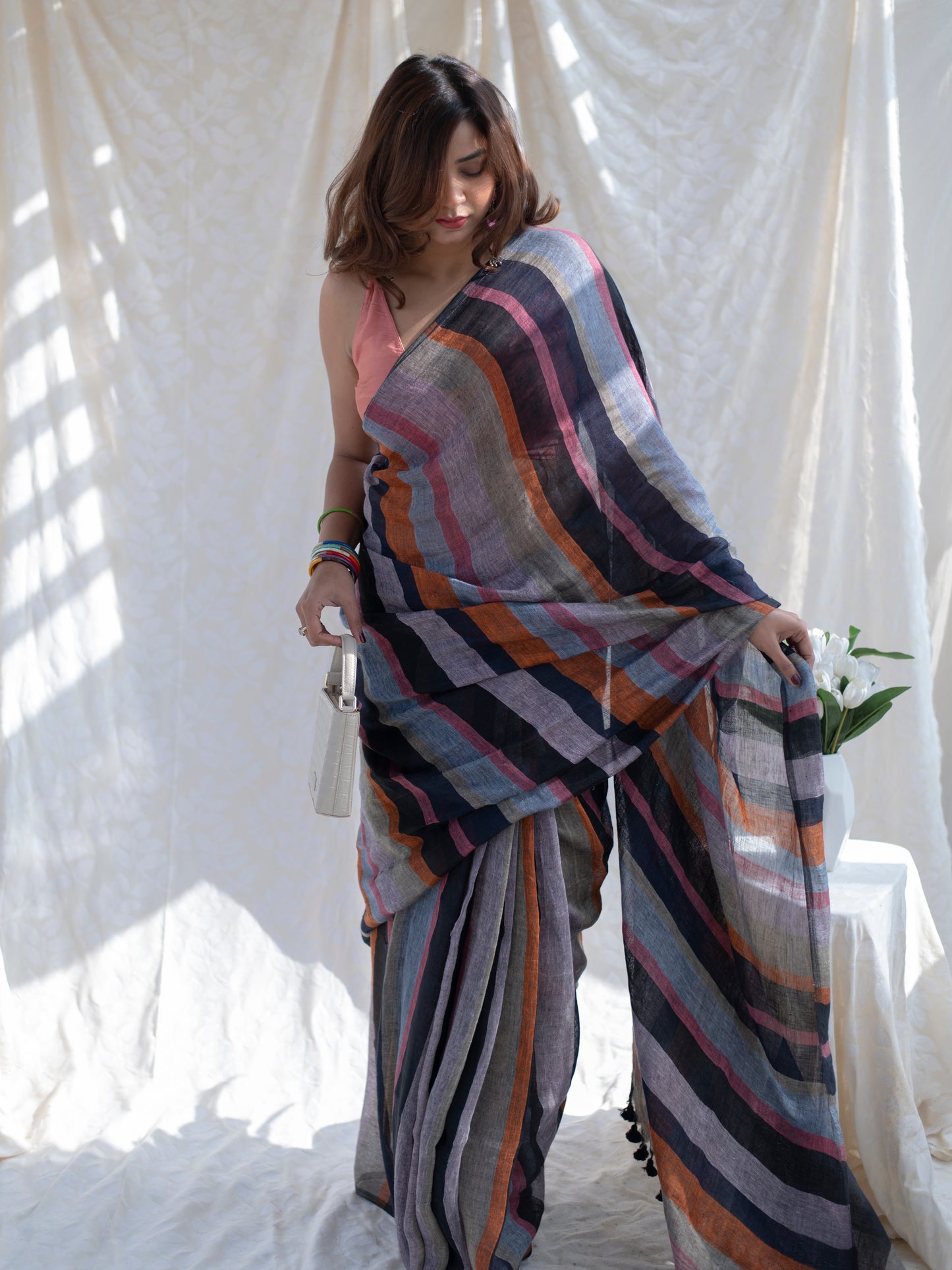 Crosswalk - Multicolour Striped Pure Handloom Linen Saree
