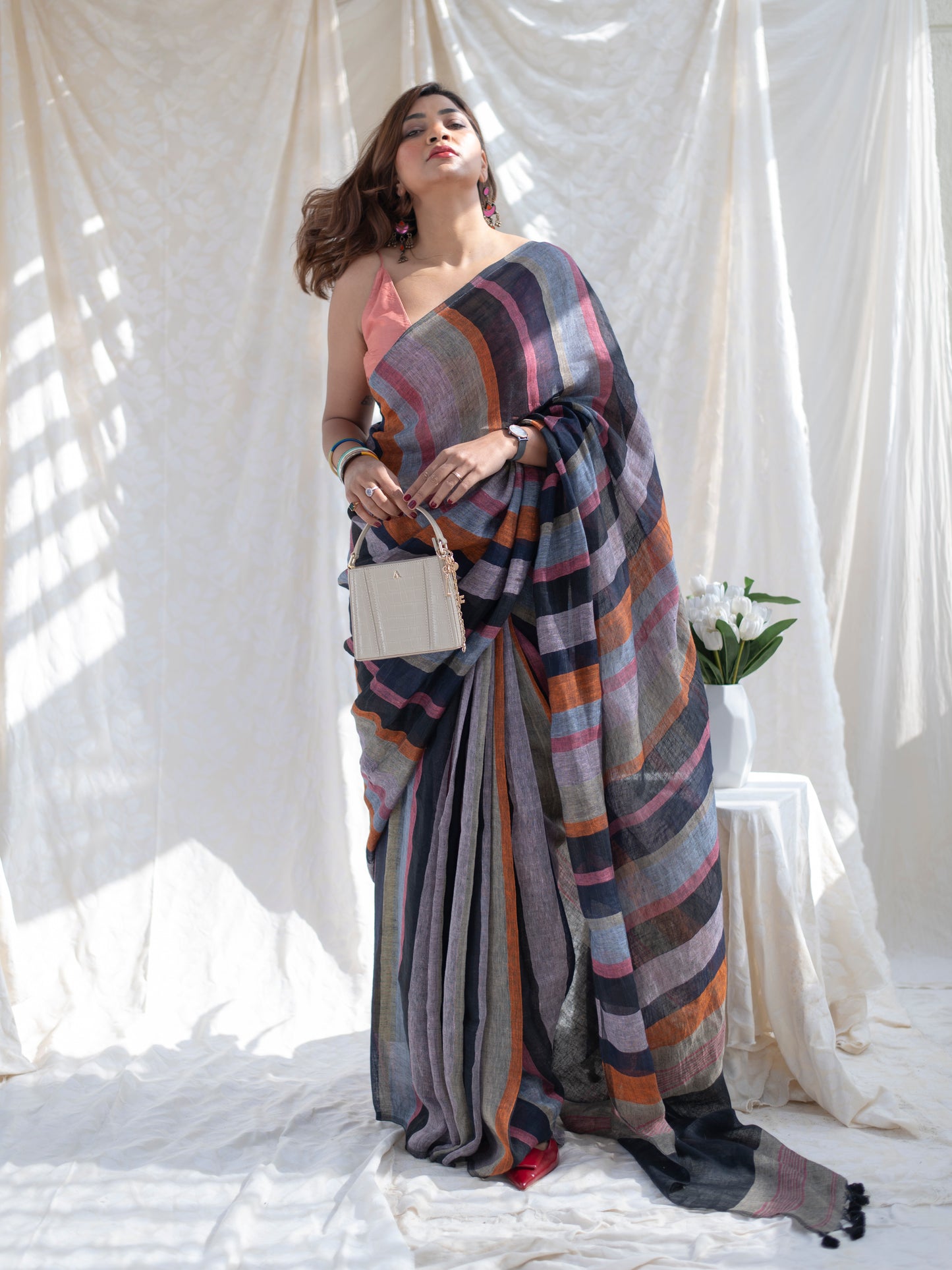 Crosswalk - Multicolour Striped Pure Handloom Linen Saree