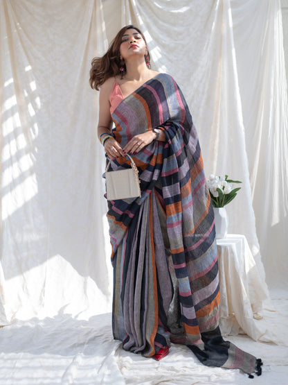 Crosswalk - Multicolour Striped Pure Handloom Linen Saree