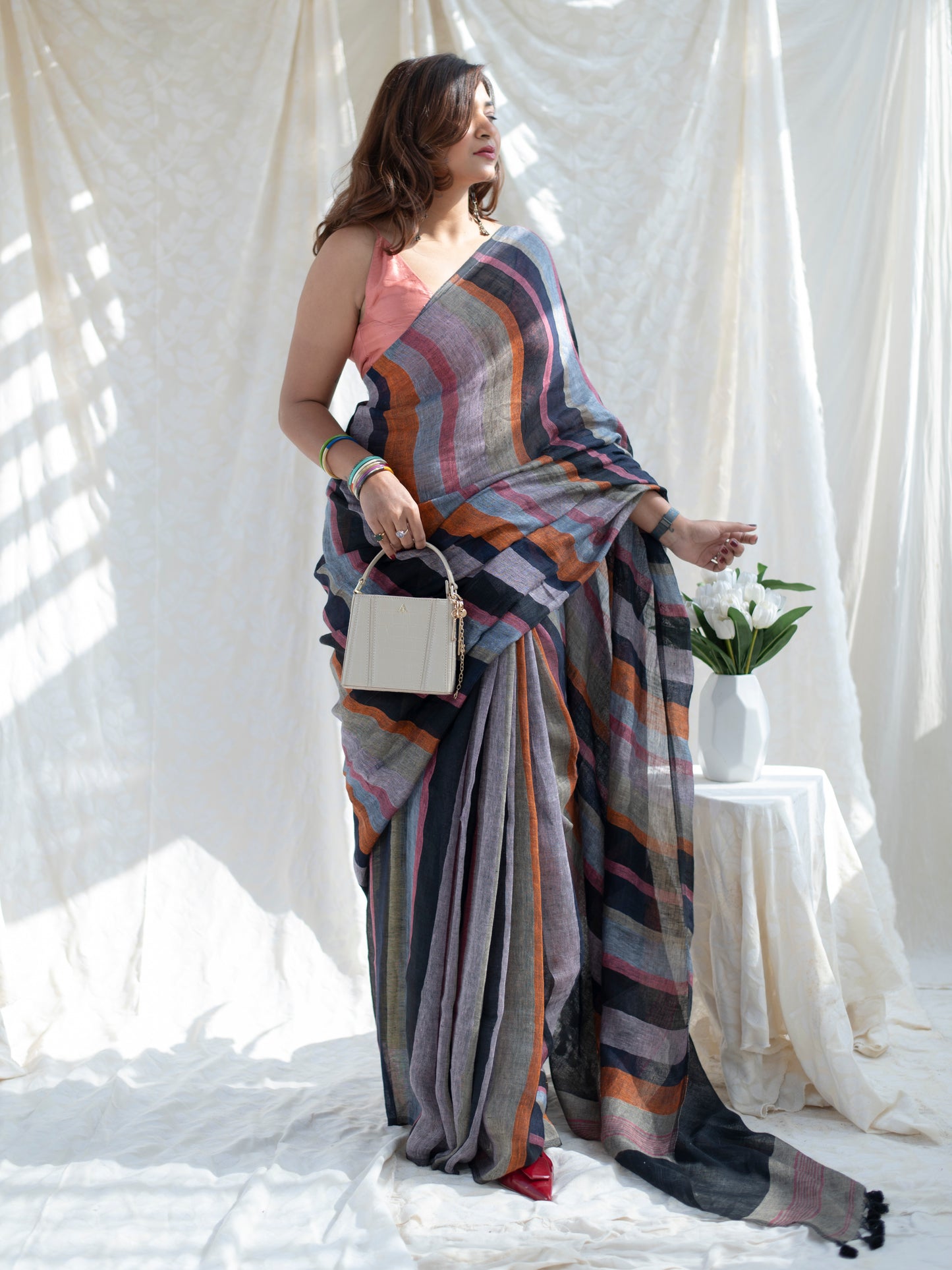 Crosswalk - Multicolour Striped Pure Handloom Linen Saree