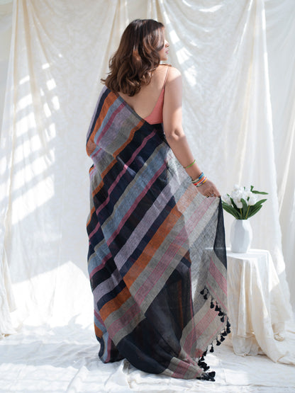 Crosswalk - Multicolour Striped Pure Handloom Linen Saree