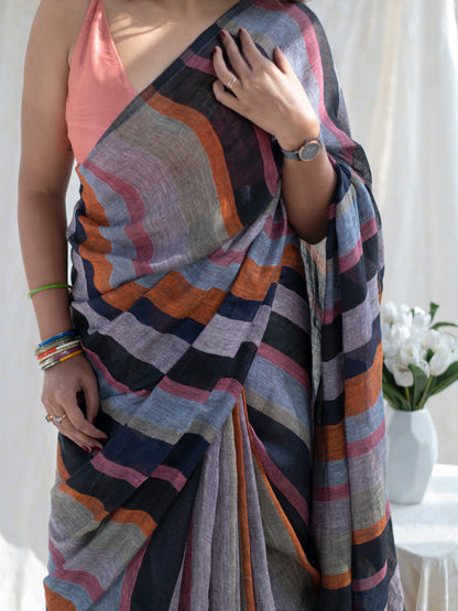 Crosswalk - Multicolour Striped Pure Handloom Linen Saree