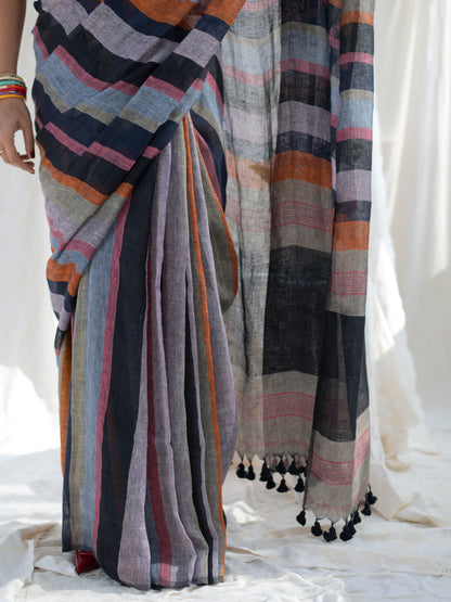 Crosswalk - Multicolour Striped Pure Handloom Linen Saree