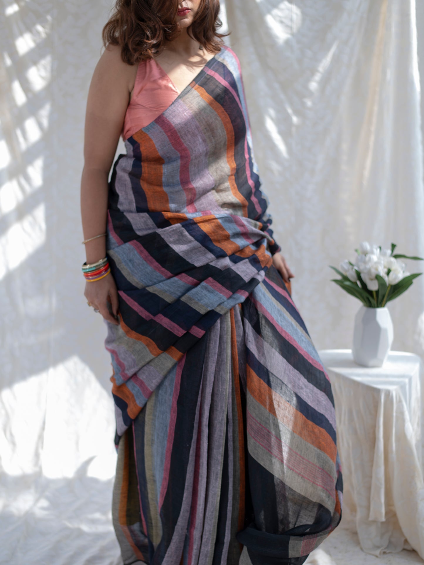 Crosswalk - Multicolour Striped Pure Handloom Linen Saree