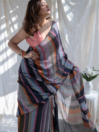 Crosswalk - Multicolour Striped Pure Handloom Linen Saree