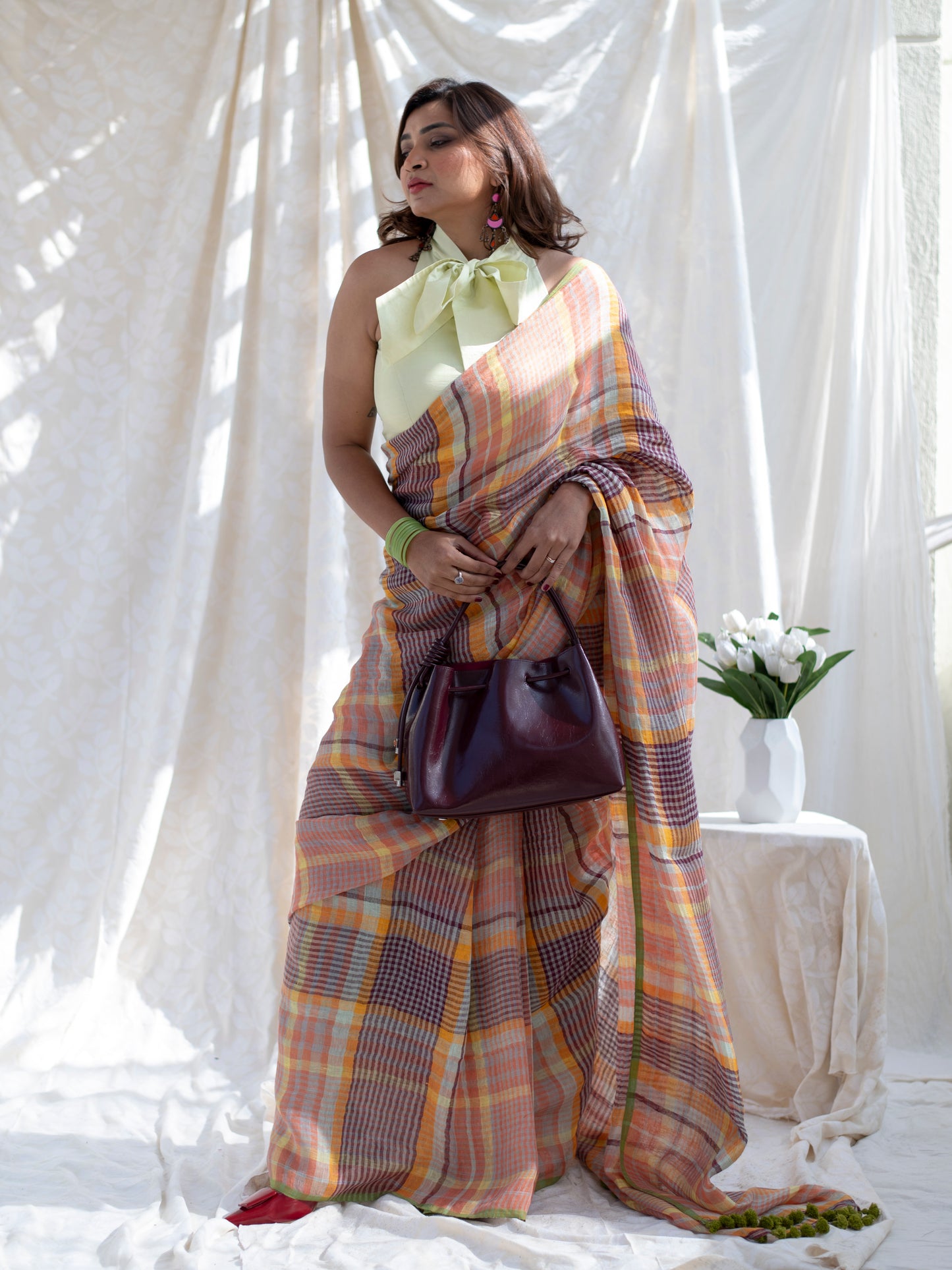 Boardroom - Multicolour Checked Pure Handloom Linen Saree