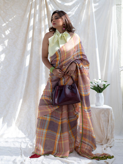 Boardroom - Multicolour Checked Pure Handloom Linen Saree