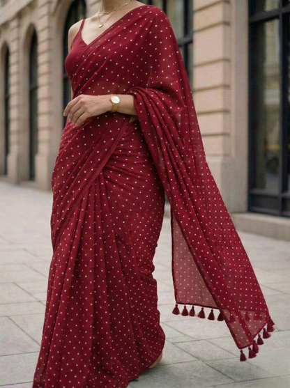 Regal Pin Drop - Maroon Polka Dot Modal Cotton Saree
