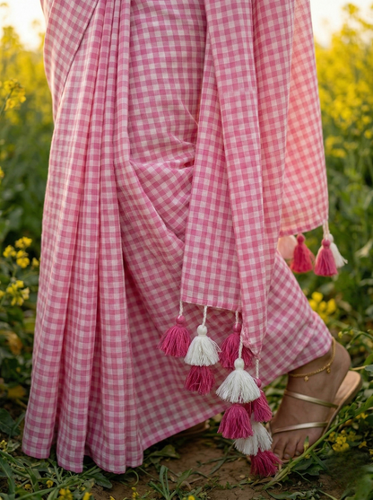 Blush Orchard - Soft Pink Gingham Mulmul Cotton Saree