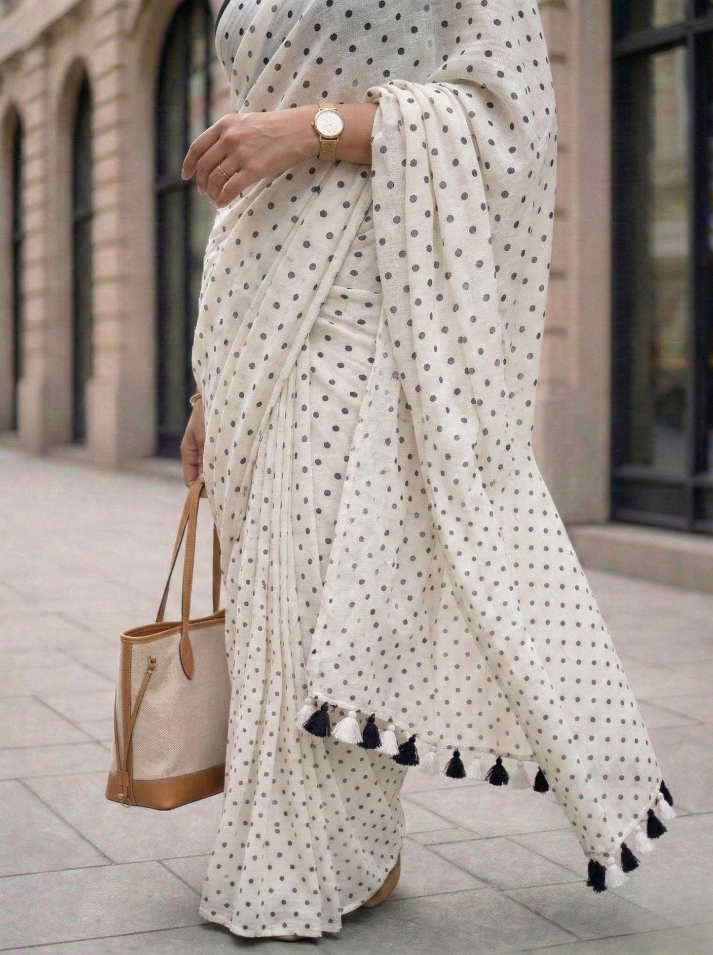 Moonlit Pearl - White Polka Dot Modal Cotton Saree