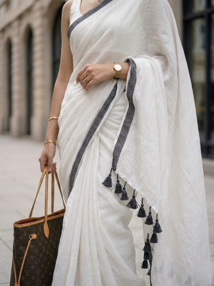 Muneer - White Mulmul Cotton Saree with Black Border