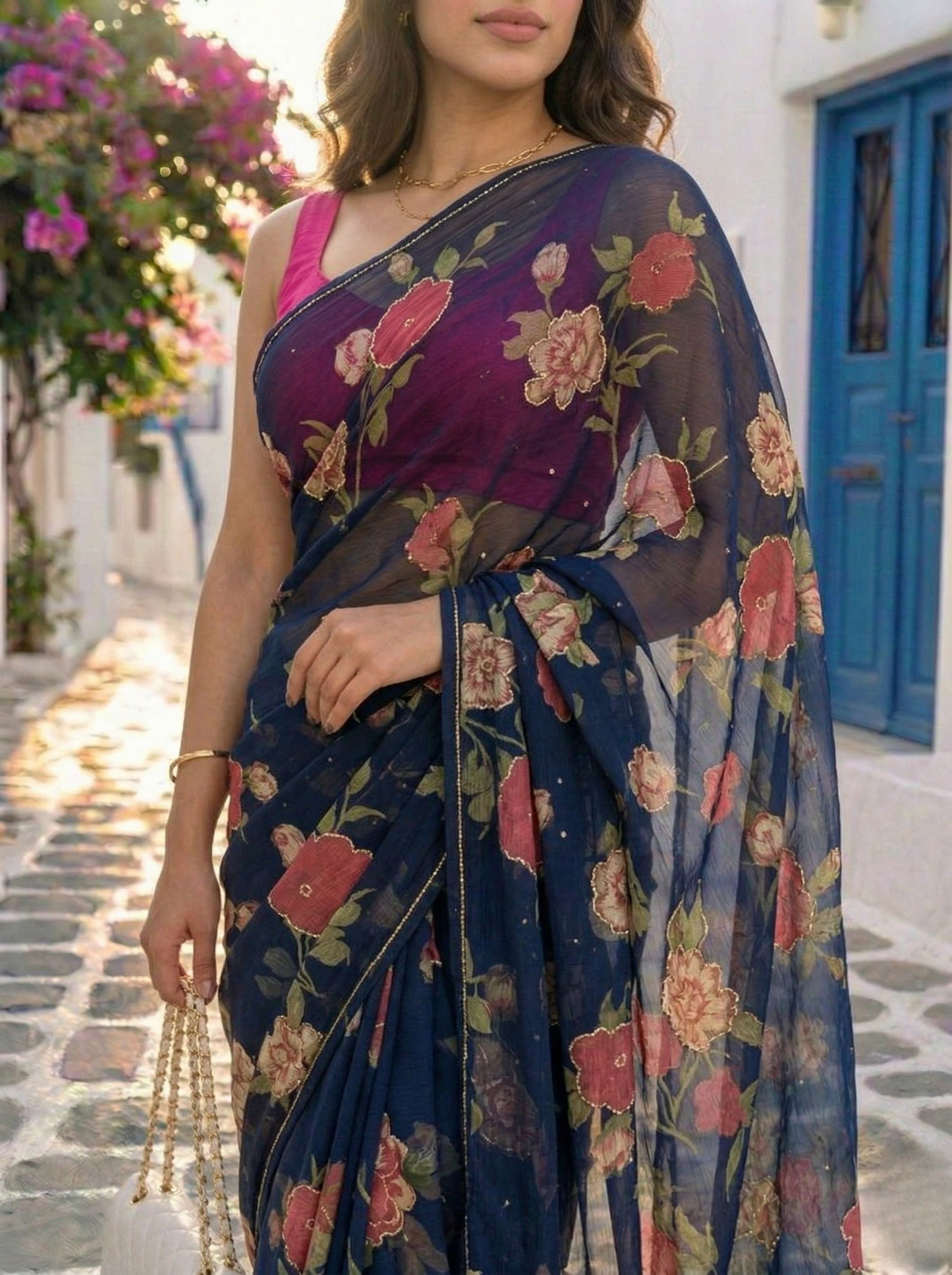 Vintage Blue - Floral Printed & Embroidered Chiffon Saree