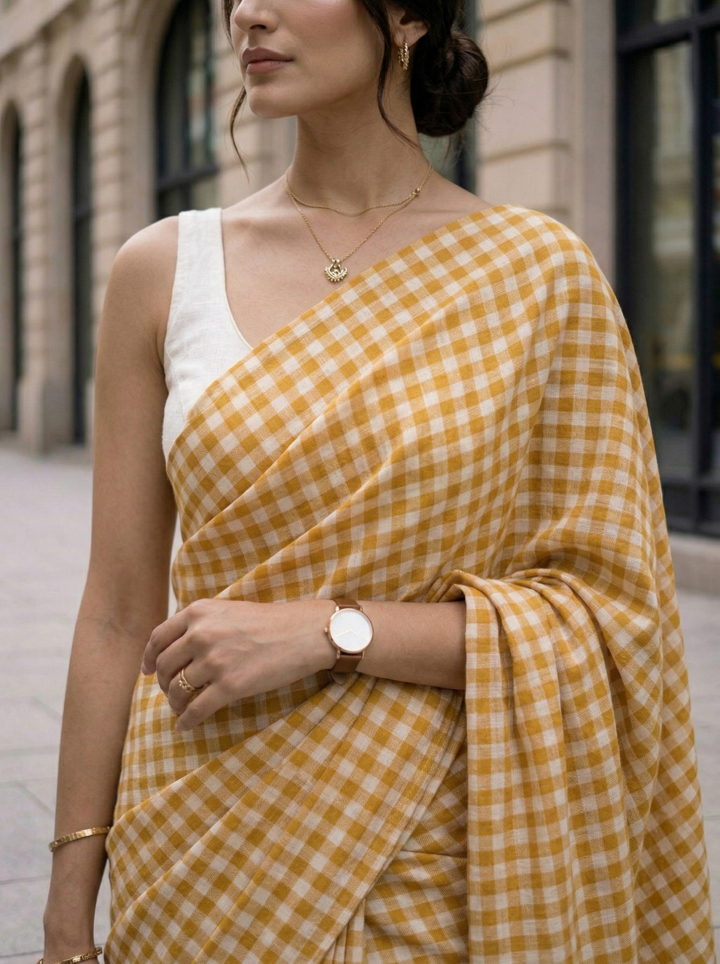 Harvest Sun - Mustard Yellow Gingham Mulmul Cotton Saree