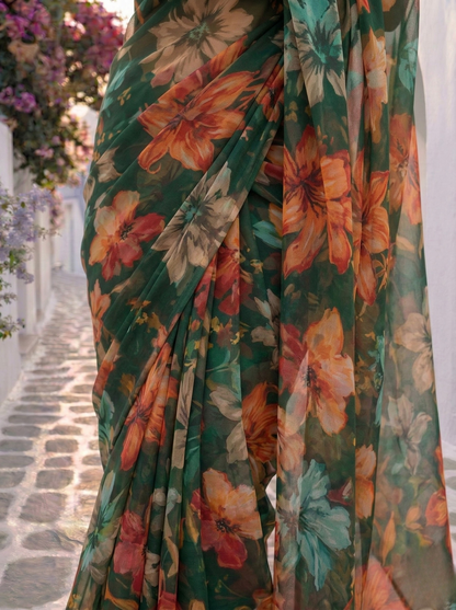 Orelia - Green Floral Print Pure Chiffon Saree