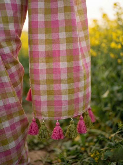 Morning Dew - Pink Lime Gingham Mulmul Cotton Saree