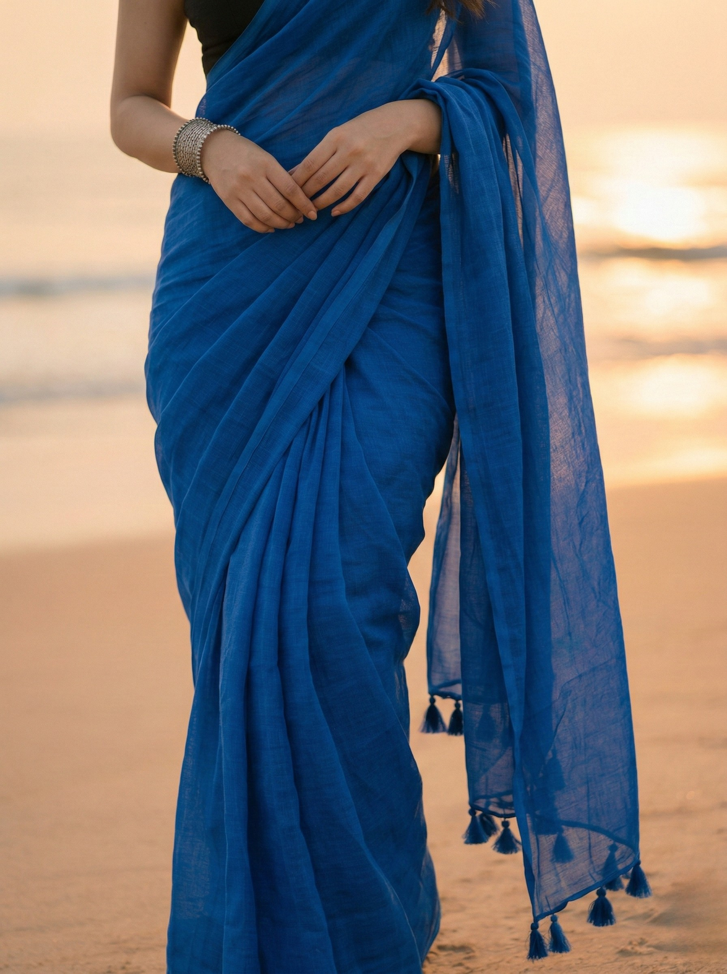 Cobalt Crumble - Plain Blue Mul Cotton Saree