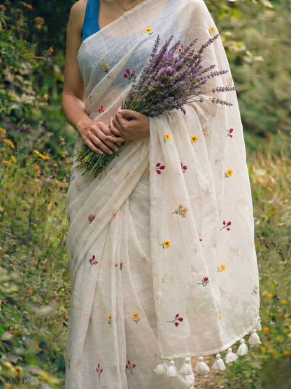 Gardenalia White - Embroidered Mulmul Cotton Saree