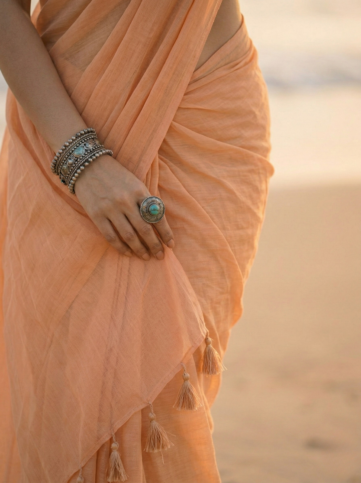 Dusty Rose - Plain Beige Mul Cotton Saree