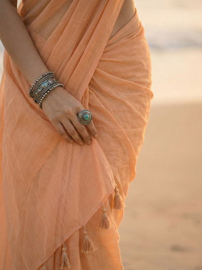 Dusty Rose - Plain Beige Mul Cotton Saree