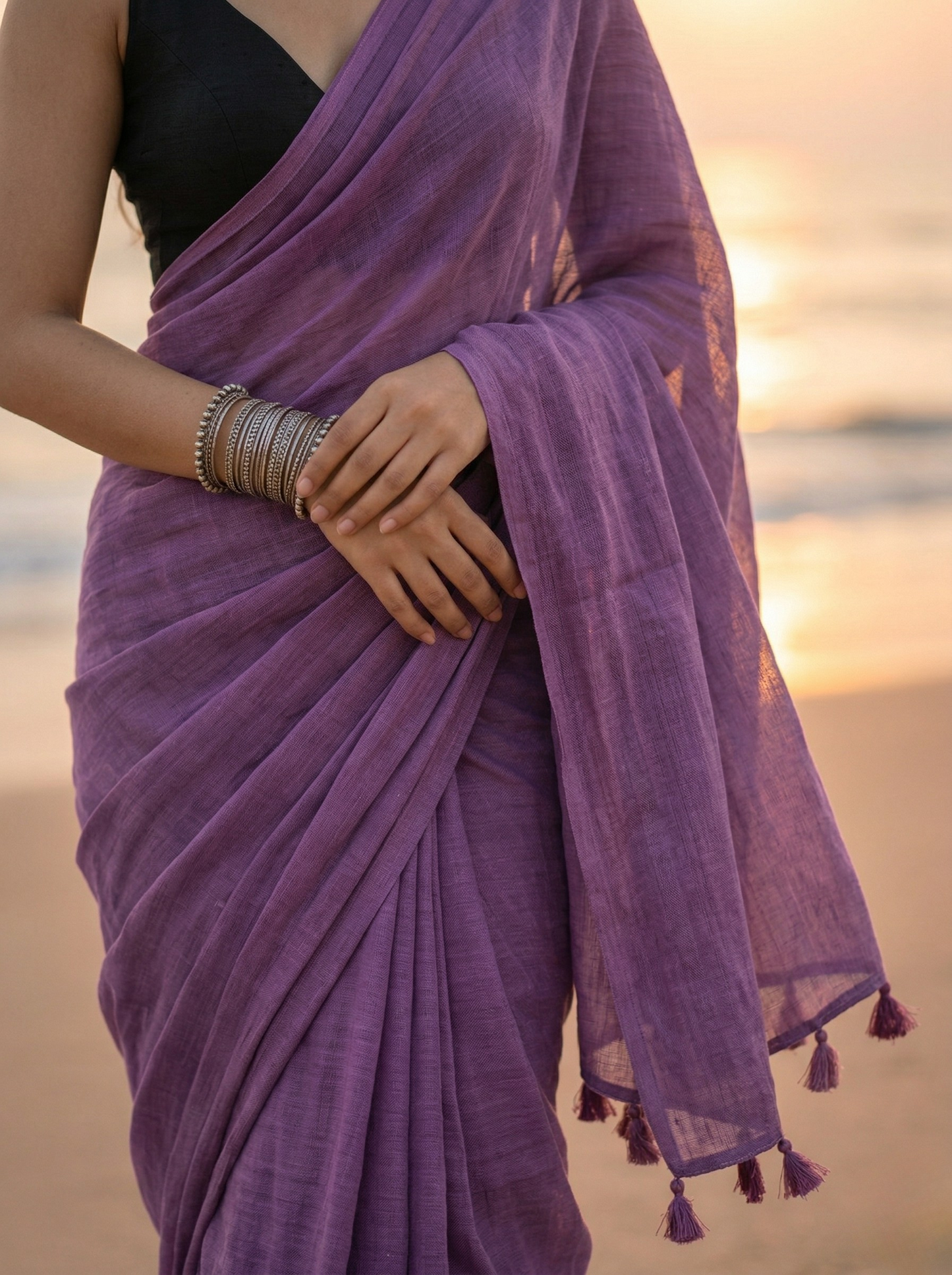 Twilight Bloom - Plain Deep Violet Mul Cotton Saree