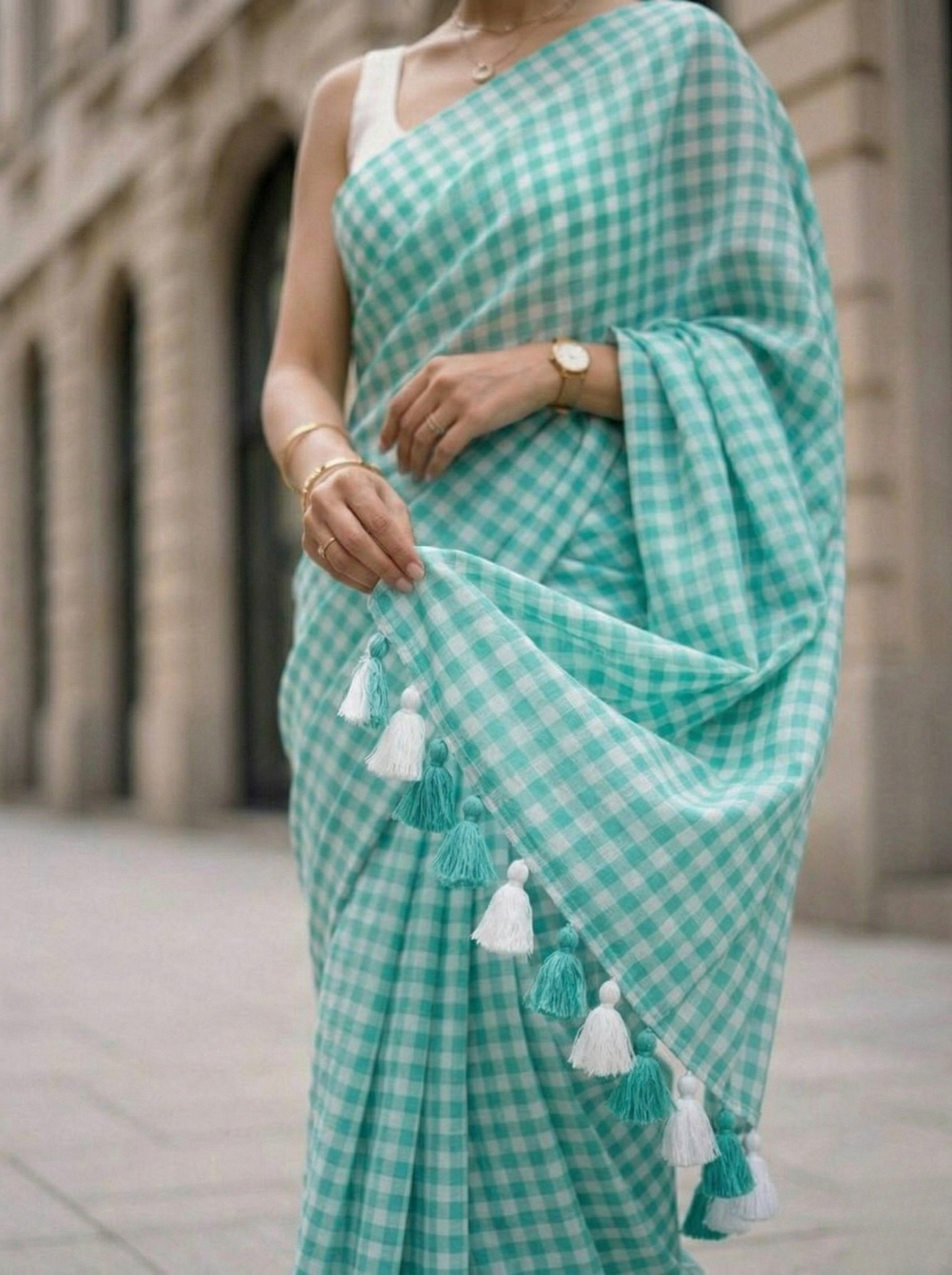Cloudless Sky - Aqua Gingham Mulmul Cotton Saree