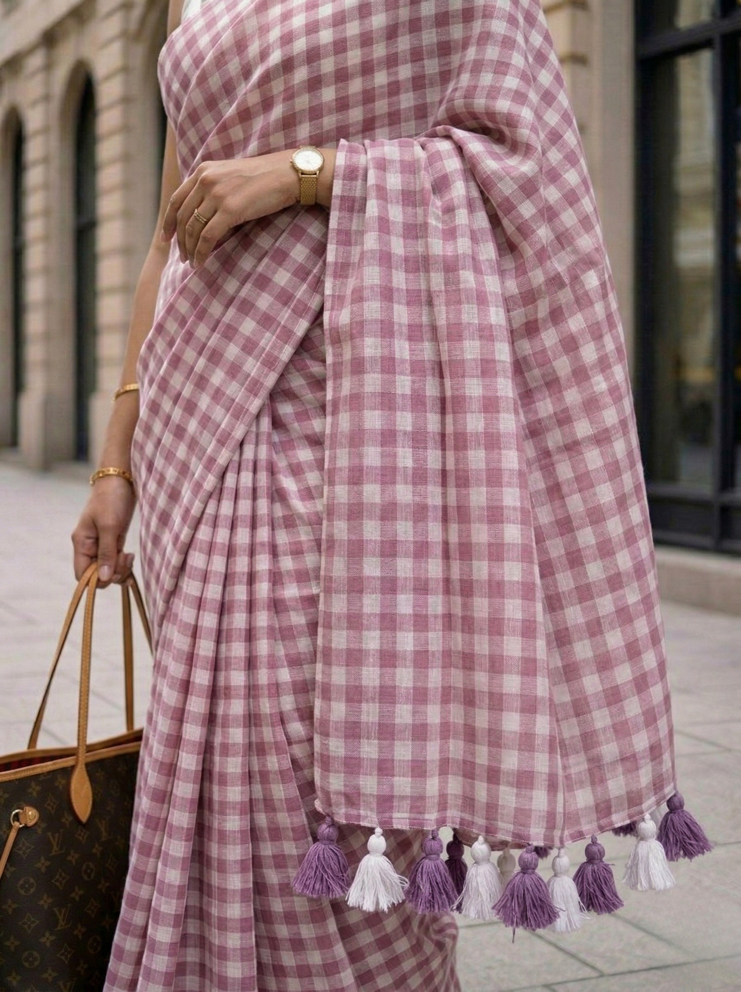 Dusty Petal - Mauve Gingham Mulmul Cotton Saree
