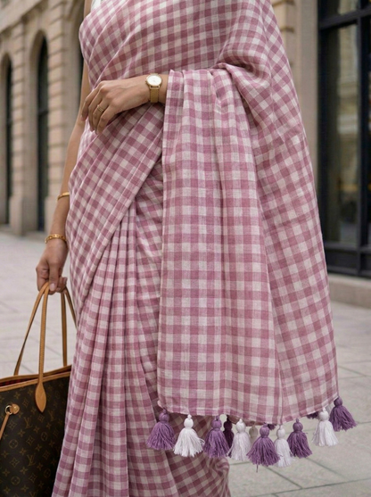 Dusty Petal - Mauve Gingham Mulmul Cotton Saree