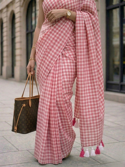 Poppy Seed - Red Gingham Mulmul Cotton Saree