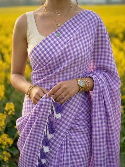 Wisteria Lane - Purple Gingham Mulmul Cotton Saree