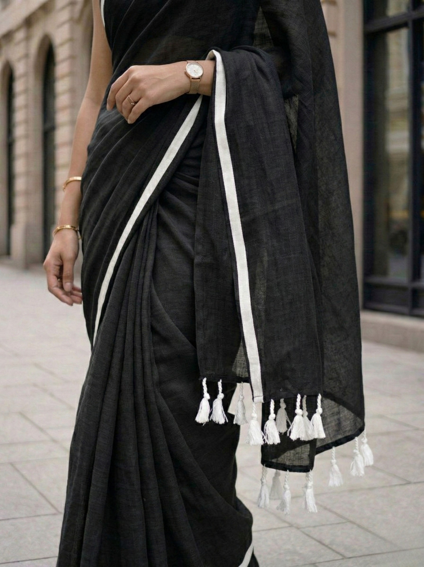 Wabi Sabi - Black Mulmul Cotton Saree with White Border