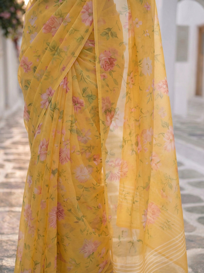Liora - Yellow Floral Print Pure Chiffon Saree