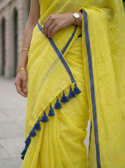 Butter Yellow - Mulmul Cotton Saree with Blue Border