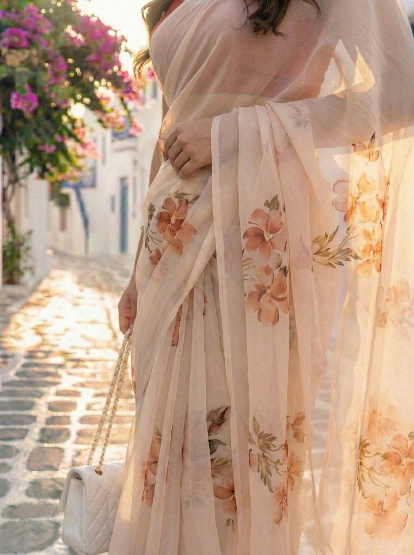 Frangipani - Beige Floral Hand Painted Pure Chiffon Saree